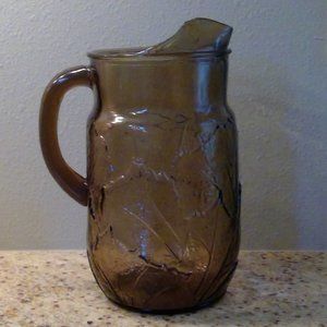 Vintage Anchor Hocking Smoky Sherwood Leaf Pattern Beverage Pitcher with Ice Lip